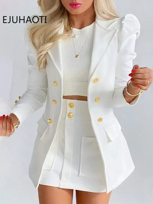 Women's Summer Long Sleeve Solid Color Jacket with Mini Skirt Two-piece Suit Tailleur Femme Blazer and Dress Sets Free Shipping