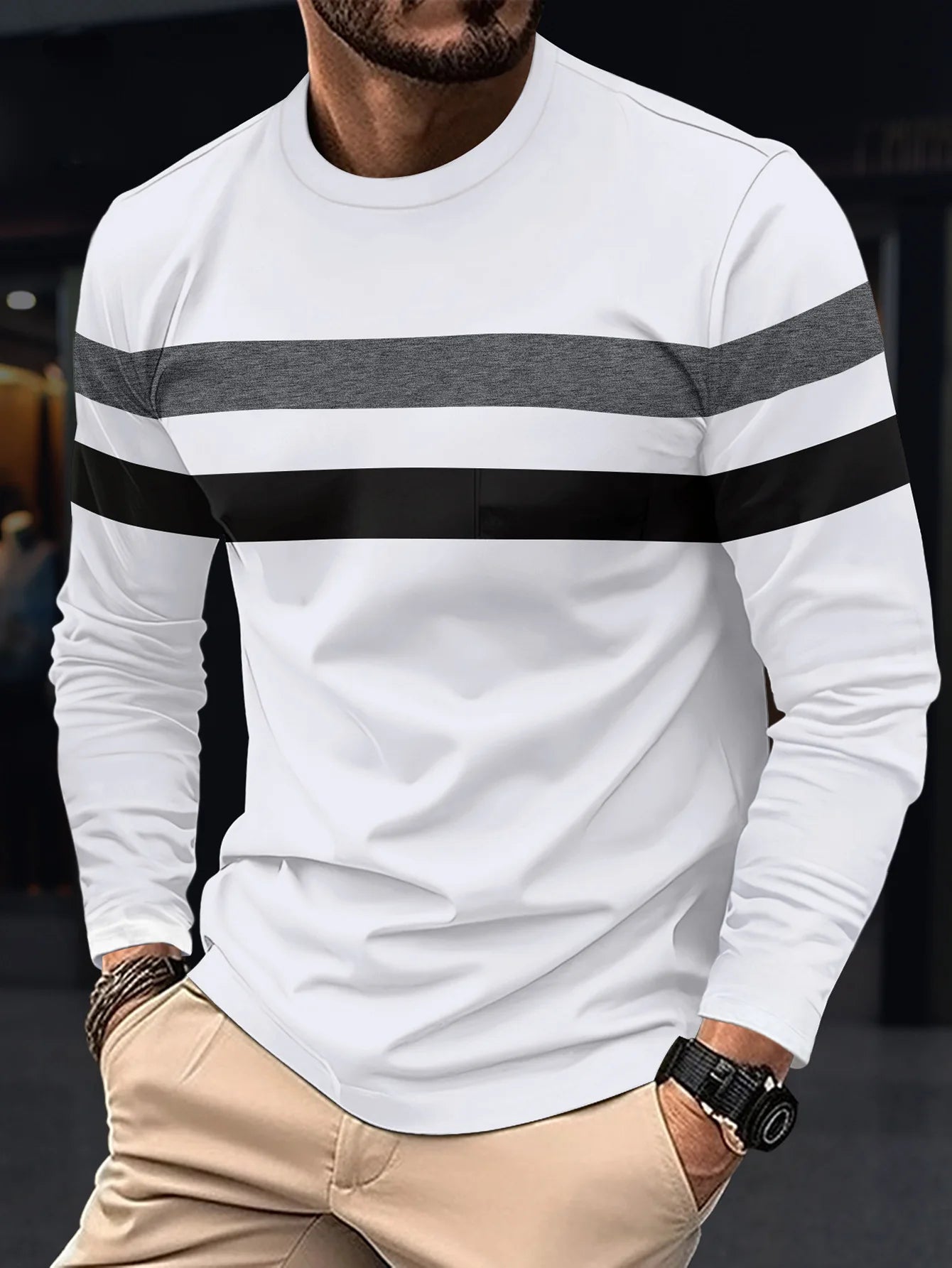 2024 Spring and Autumn Fashion Men's Long Sleeve Round Neck Splicing T-shirt Business Anti Wrinkle Street Wear Casual Top