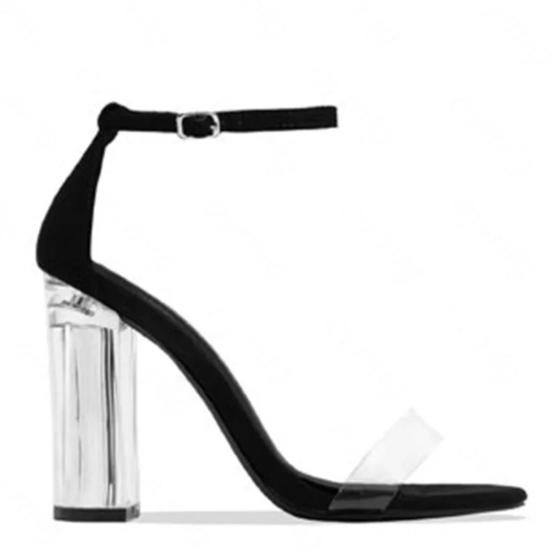 2024 summer new transparent word buckle strap thick heel open toe sandals crystal heel temperament high heels women