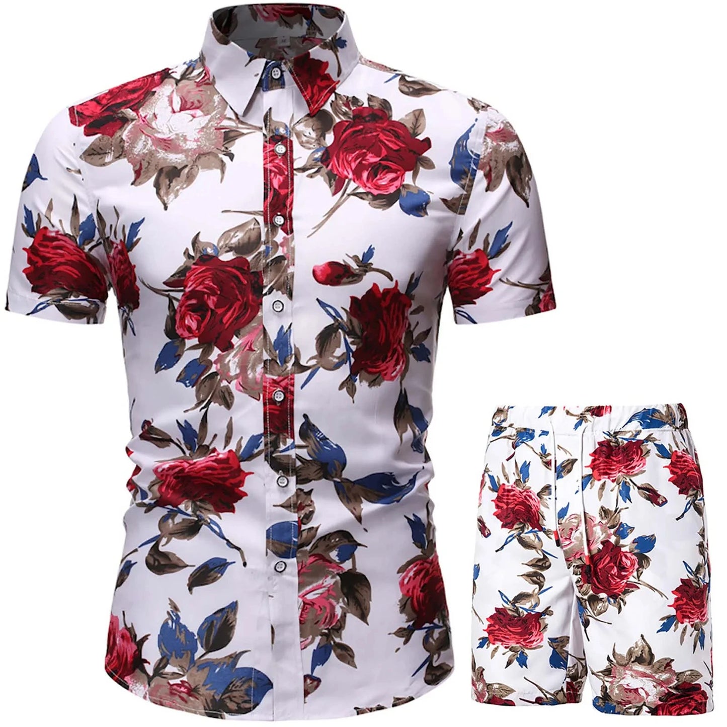 Floral Leaf Printed 2PCS Shirts Suits Men Fashion Shirts+Shorts 3D Two Piece Sets Hawaii Shirts Beach Shirt Sets Boy Beach Sets