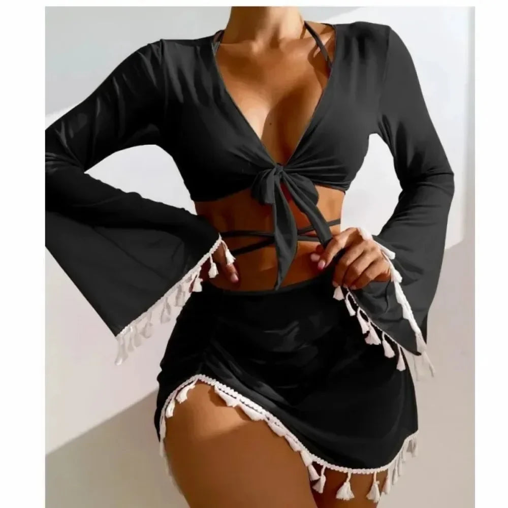 2024 New Women's Split Three-Four-Piece Set Solid Color Tassel Lace-Up Long Sleeves   Trade Swimsuit Bathing Suit