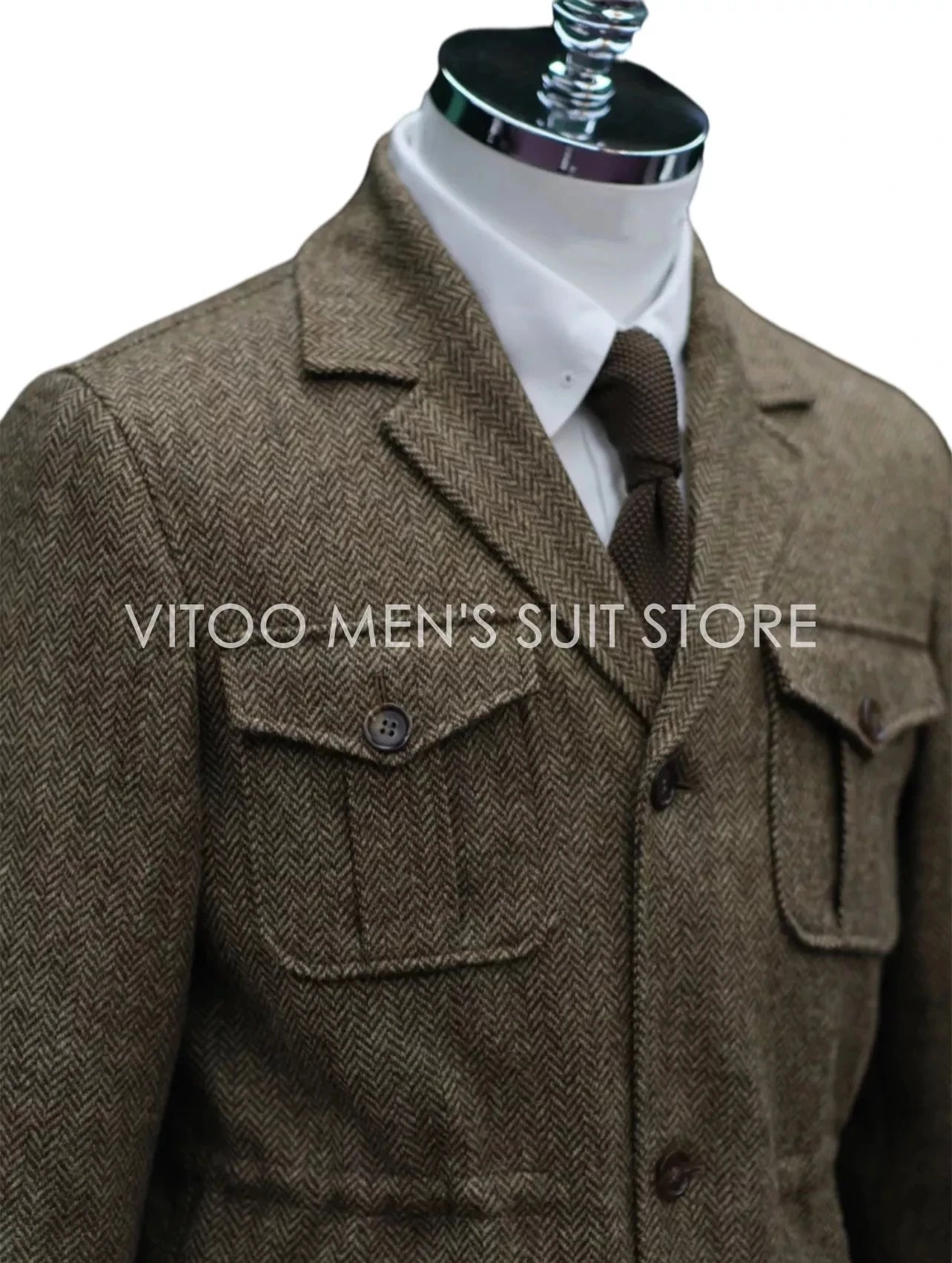 Winter Tweed Herringbone Men Suits/Classic Safari Jacket With Four Envelope Pocket/Unique Design Casual Male Clothing Coat+Tie