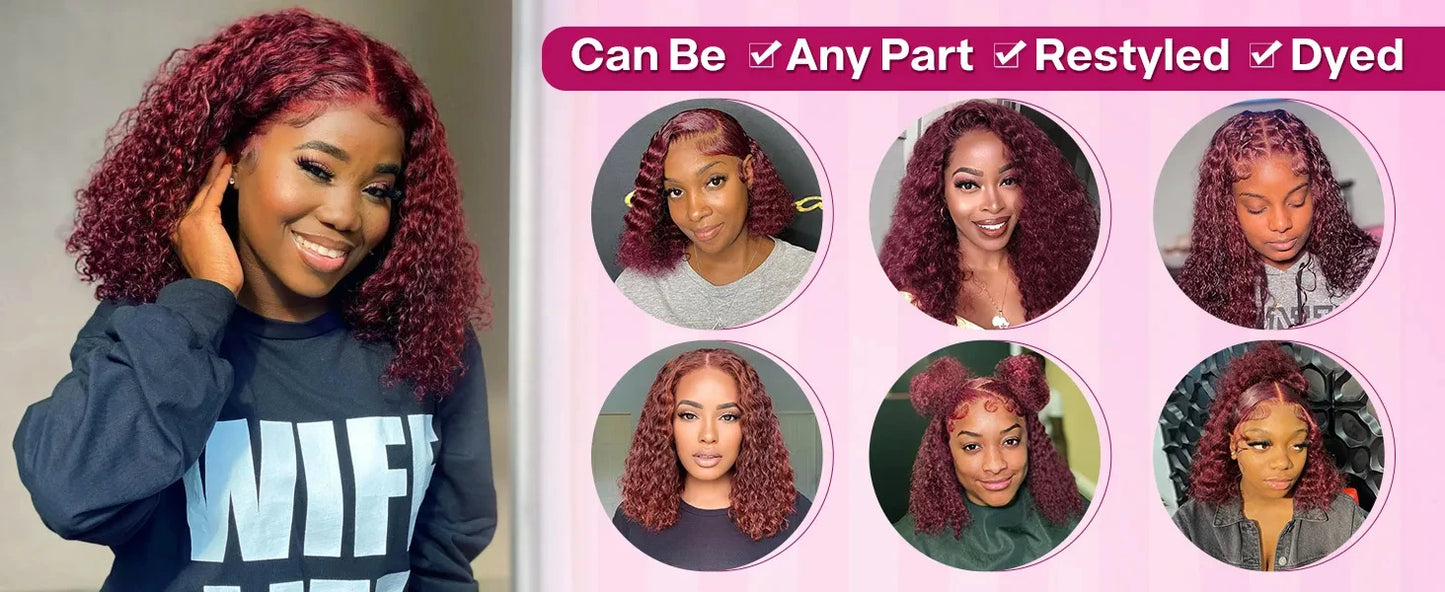 99J Burgundy Short Kinky Curly Bob Wigs Human Hair 13X4 Transparent Lace Wigs Deep Wave Brazilian Human Hair Lace Frontal Wig