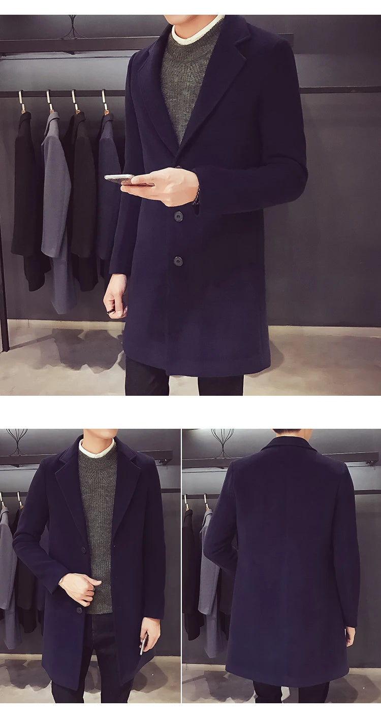 Autumn and Winter Slim Fit Long Wool Coat for Men's Single Breasted Lapel, Street Fashion Business Trench Coat for Men Clothing