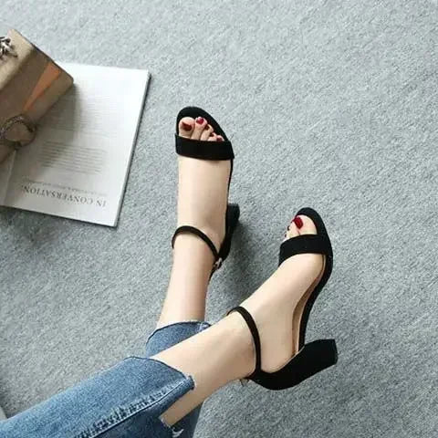 New Thick Heel 7 Cm 5 Cm Sandals Women Summer Wild Large Size High Heel Mid-heel Buckle Sandals Open Toe Flock Pumps Shoes