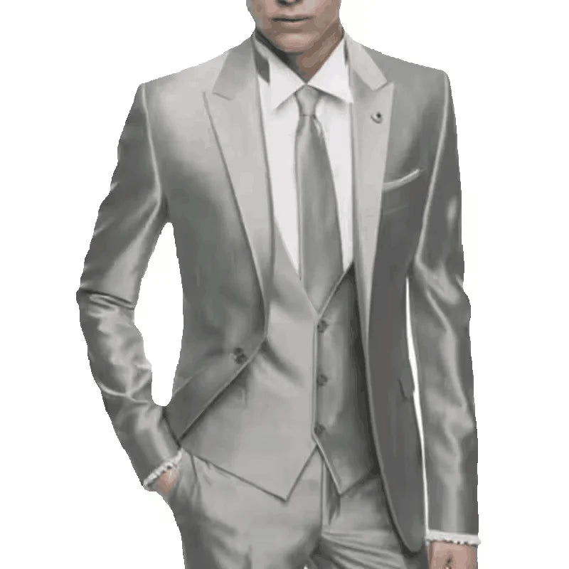 Silver Grey Satin Men Suit Slim Set Formal Wedding Skinny Stylish Male Blazer Party Custom Tuxedo 3 Piece  Suits for