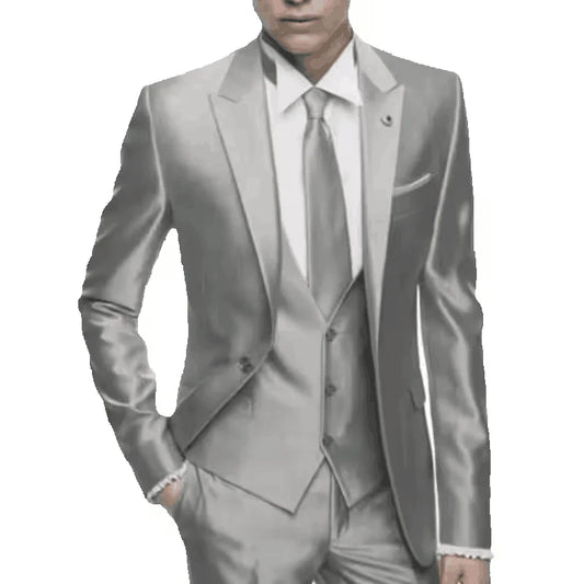 Silver Grey Satin Men Suit Slim Set Formal Wedding Skinny Stylish Male Blazer Party Custom Tuxedo 3 Piece  Suits for