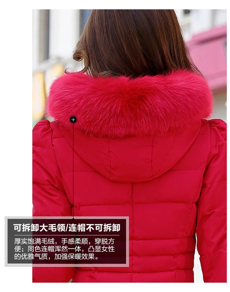 Winter Women Jacket Parka Big Fur Collar Hooded Thick Warm Female Coat Casual Outwear European Fashion Black Tops -30 Degrees