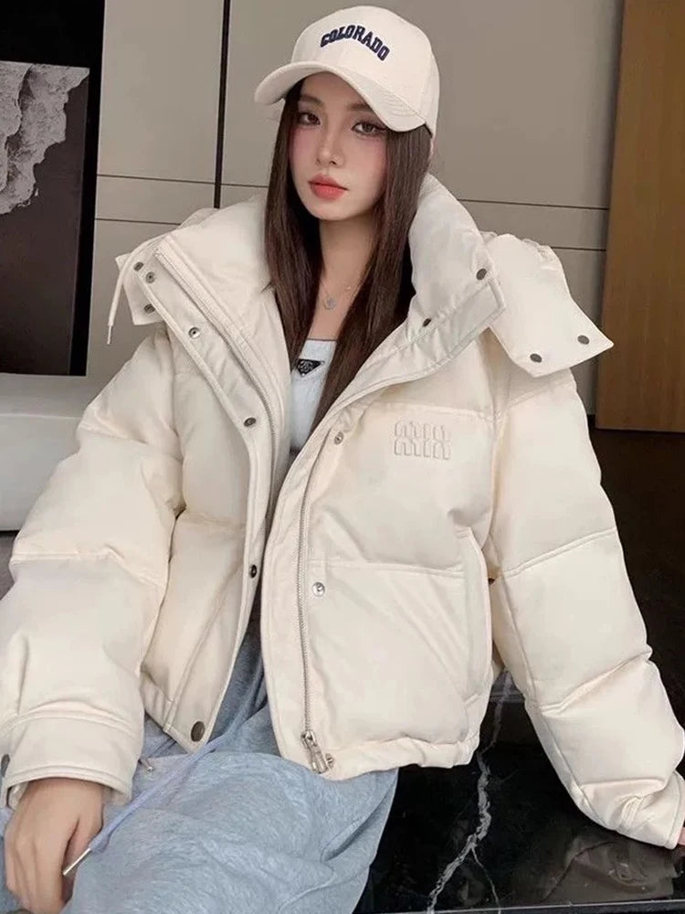 Winter Hooded Down Jacket Coat Women Manteaux Hiver Femme 2024 New Thick Warm PU Leather Parkas Loose Fashion Outerwear