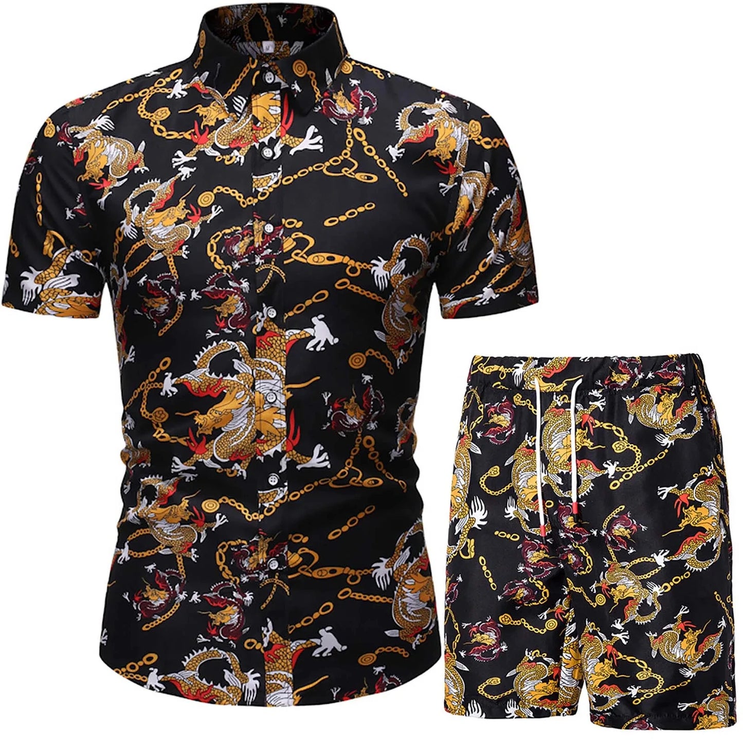 Floral Leaf Printed 2PCS Shirts Suits Men Fashion Shirts+Shorts 3D Two Piece Sets Hawaii Shirts Beach Shirt Sets Boy Beach Sets