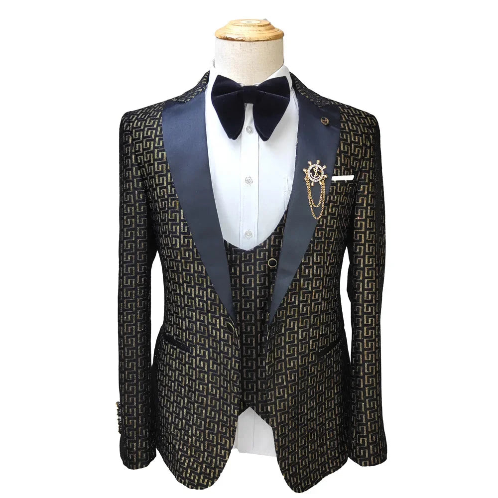 Black and White Men's Suit 3-piece Gold Palace Print Road Wedding Costume Men Clothing  Wedding Suits for Men